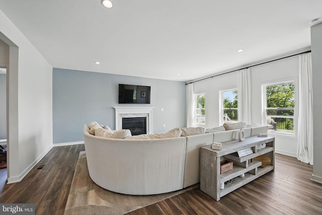 living area featuring a premium fireplace, dark wood finished floors, baseboards, and recessed lighting