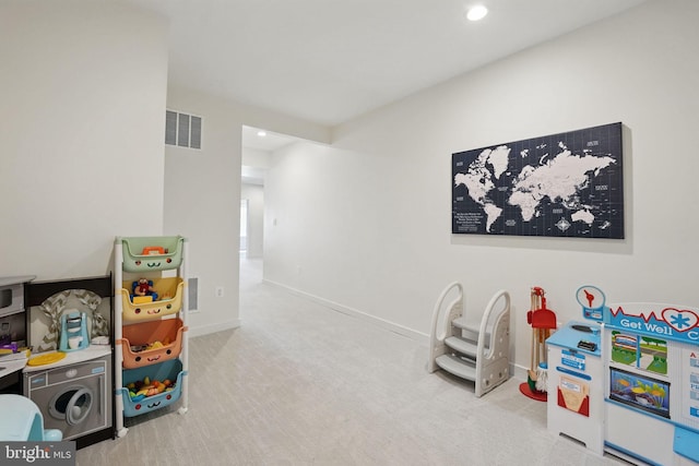 game room with carpet floors, recessed lighting, and baseboards