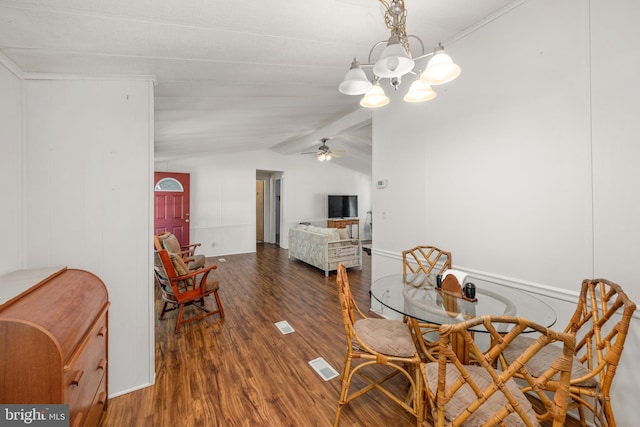 27846 Lord Calvert Dr, Millsboro, DE 19966 - dining room with wood finished floors, vaulted ceiling, a ceiling fan, and a chandelier