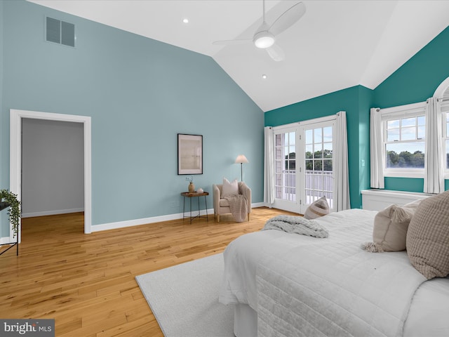 7839 Denton Ave, Baltimore, MD 21219 - bedroom with high vaulted ceiling, light wood finished floors, a ceiling fan, baseboards, and recessed lighting