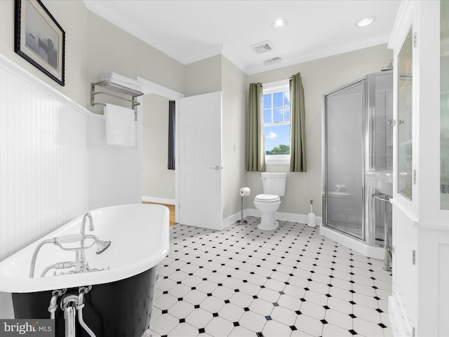 7839 Denton Ave, Baltimore, MD 21219 - full bath with toilet, a stall shower, crown molding, a freestanding tub, and baseboards