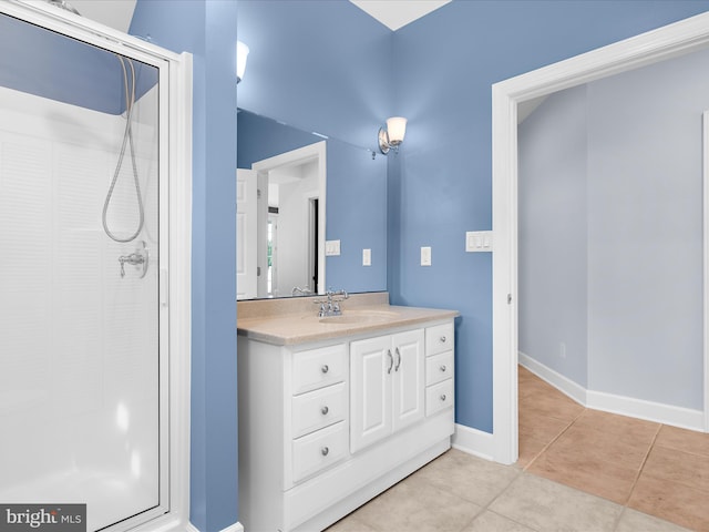 7839 Denton Ave, Baltimore, MD 21219 - full bath with tile patterned flooring, a shower stall, vanity, and baseboards