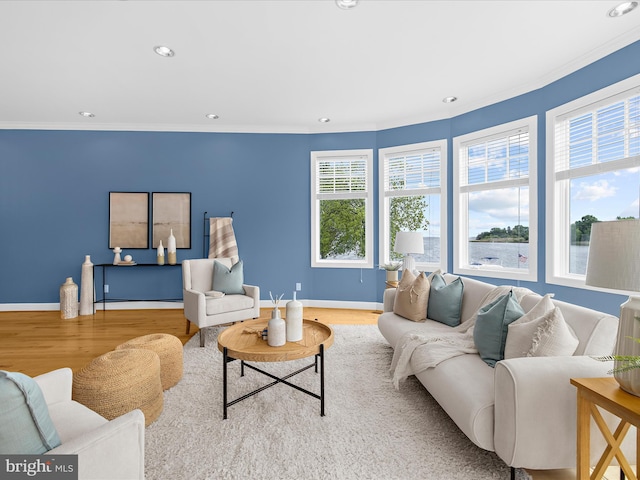 7839 Denton Ave, Baltimore, MD 21219 - living room with wood finished floors, crown molding, recessed lighting, and baseboards