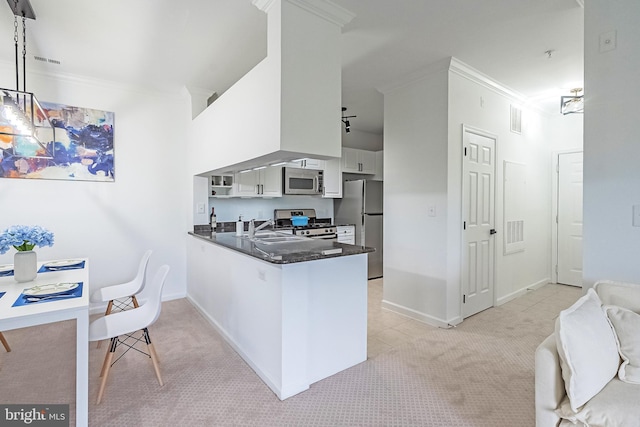 4415 Weatherington Ln Unit 401, Fairfax, VA 22030 - kitchen featuring appliances with stainless steel finishes, dark countertops, light colored carpet, crown molding, and baseboards