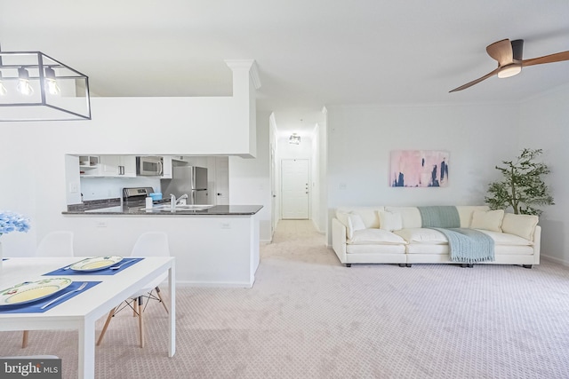 4415 Weatherington Ln Unit 401, Fairfax, VA 22030 - living area featuring light colored carpet, baseboards, ceiling fan, and crown molding