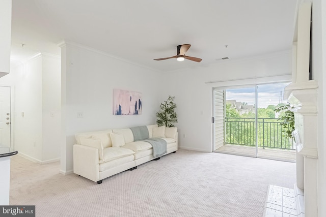 4415 Weatherington Ln Unit 401, Fairfax, VA 22030 - living room featuring light carpet, crown molding, baseboards, and a ceiling fan