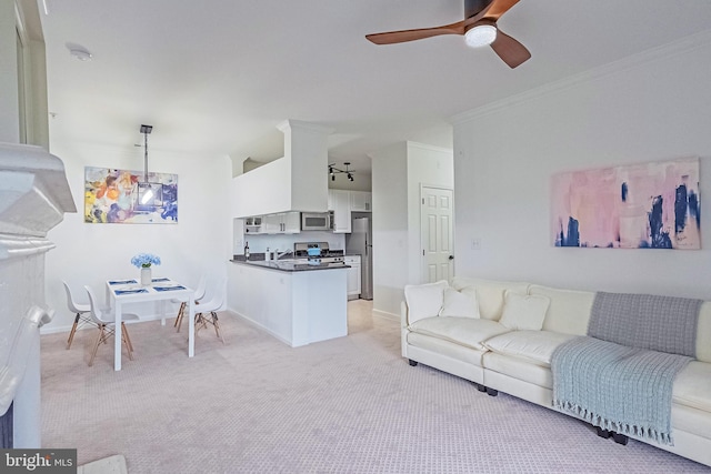 4415 Weatherington Ln Unit 401, Fairfax, VA 22030 - living area with ceiling fan, light colored carpet, ornamental molding, and baseboards