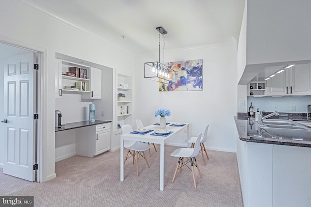 4415 Weatherington Ln Unit 401, Fairfax, VA 22030 - dining space with ornamental molding, light colored carpet, built in features, baseboards, and a chandelier