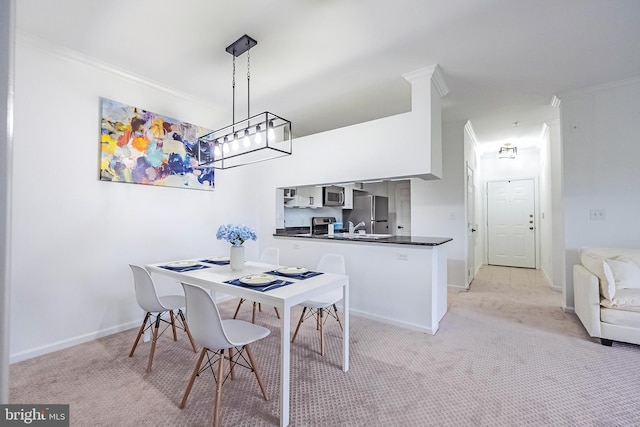 4415 Weatherington Ln Unit 401, Fairfax, VA 22030 - dining area featuring ornamental molding, light carpet, baseboards, and a chandelier