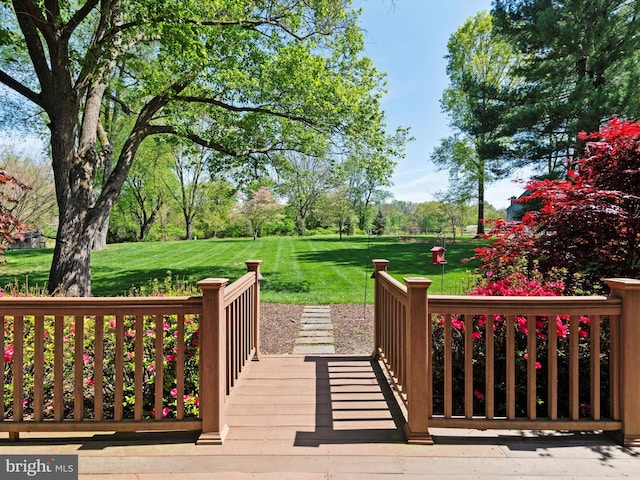 wooden terrace featuring a yard