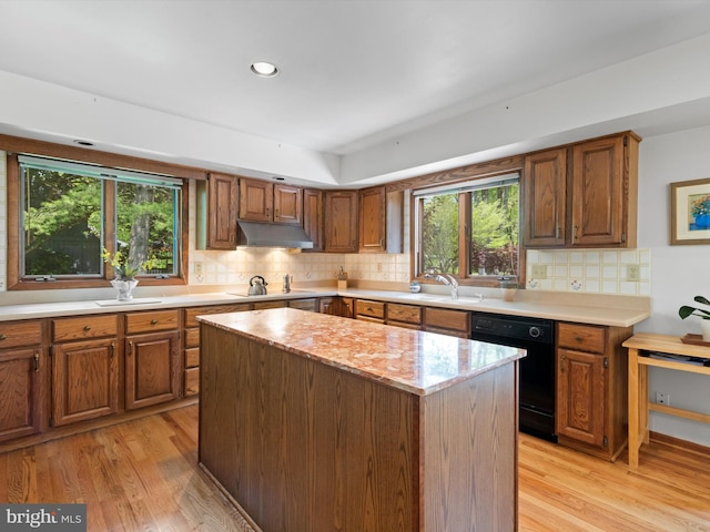 kitchen featuring black dishwasher, under cabinet range hood, a sink, light wood-style floors, and decorative backsplash