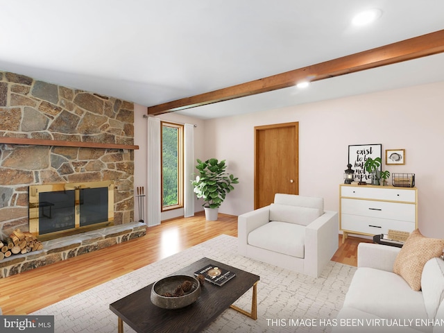living room with wood finished floors and beam ceiling