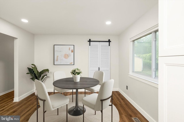 203 Coville Dr, Browns Mills, NJ 08015 - dining space featuring a barn door, dark wood-style flooring, baseboards, and recessed lighting