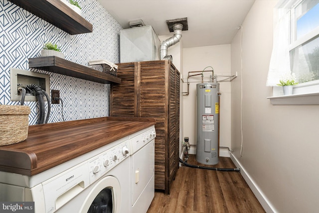 203 Coville Dr, Browns Mills, NJ 08015 - laundry area featuring water heater, washer / clothes dryer, wood finished floors, and baseboards
