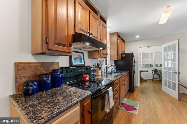 145 Harding Ln, Lottsburg, VA 22511 - kitchen featuring black appliances, under cabinet range hood, light wood-type flooring, brown cabinets, and a sink