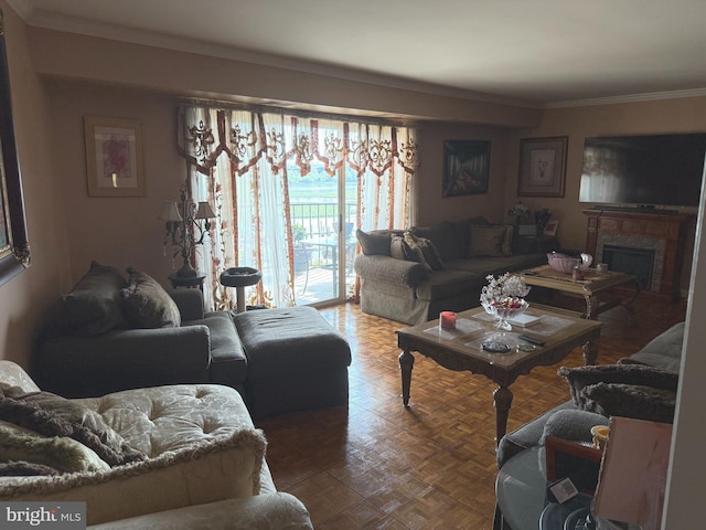 1250 S Washington St S Unit 207, Alexandria, VA 22314 - living area featuring a fireplace and crown molding