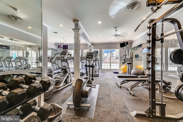 workout area with ornamental molding, a ceiling fan, decorative columns, recessed lighting, and carpet floors