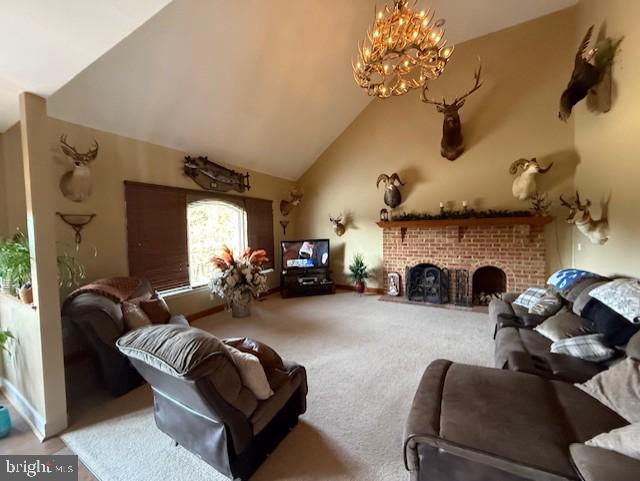 15920 River Bend Ct, Williamsport, MD 21795 - living room with carpet floors, a fireplace, high vaulted ceiling, and a chandelier
