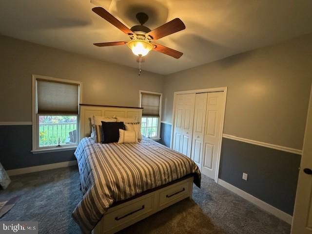 15920 River Bend Ct, Williamsport, MD 21795 - bedroom featuring dark carpet, multiple windows, baseboards, and ceiling fan