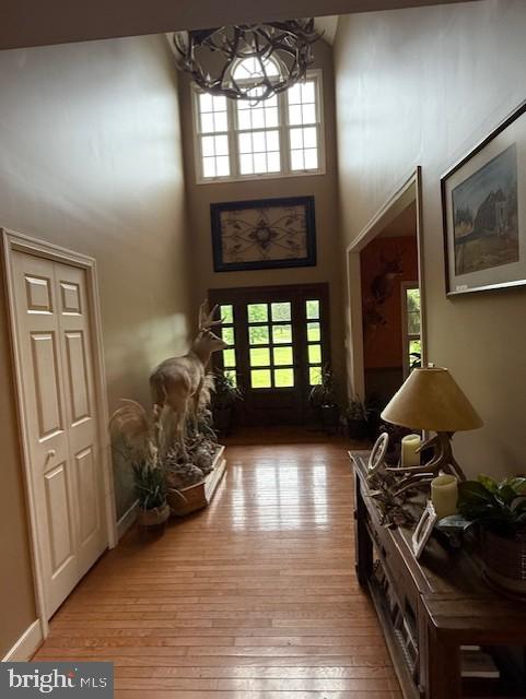 15920 River Bend Ct, Williamsport, MD 21795 - entryway with a high ceiling, a chandelier, and hardwood / wood-style floors