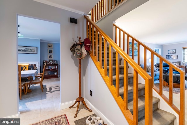 1644 Spring Mill Ct, Yardley, PA 19067 - stairs featuring ornamental molding, baseboards, and tile patterned flooring