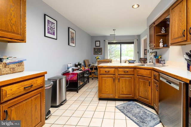 1644 Spring Mill Ct, Yardley, PA 19067 - kitchen with stainless steel dishwasher, brown cabinetry, light countertops, a peninsula, and recessed lighting