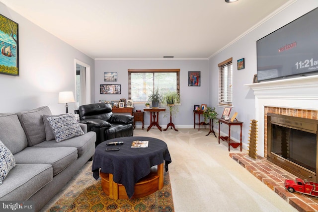 1644 Spring Mill Ct, Yardley, PA 19067 - living area with baseboards, carpet flooring, a fireplace, and crown molding