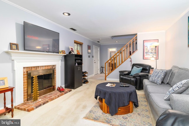 1644 Spring Mill Ct, Yardley, PA 19067 - living area featuring stairway, carpet floors, ornamental molding, a fireplace, and recessed lighting