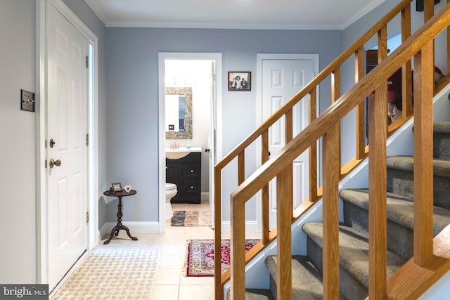1644 Spring Mill Ct, Yardley, PA 19067 - tiled foyer featuring stairway, ornamental molding, baseboards, and a sink