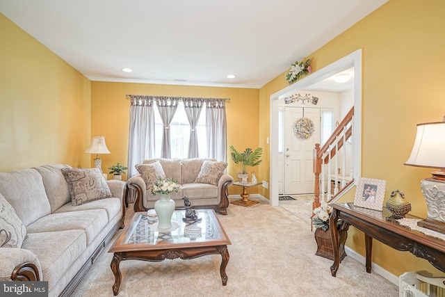 2501 Lexington Mews, Woolwich Twp, NJ 08085 - living room featuring baseboards, light colored carpet, recessed lighting, and ornamental molding