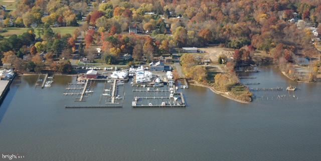 aerial view of property and surrounding area featuring a nearby body of water and numerous boat docks