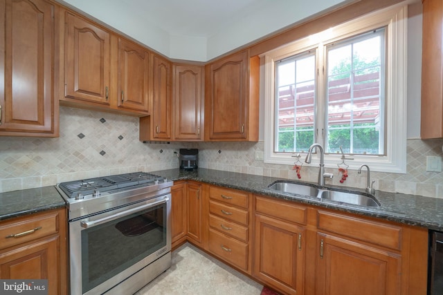306 Springbrook Ct, Hockessin, DE 19707 - kitchen with high end stove, a sink, brown cabinetry, and dark stone countertops