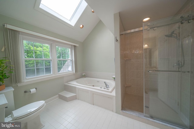 306 Springbrook Ct, Hockessin, DE 19707 - full bath with a skylight, lofted ceiling, tile patterned floors, a shower stall, and recessed lighting