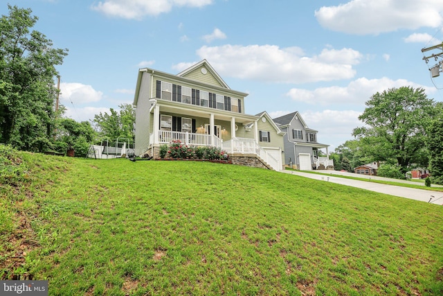 4202 Louisa Ave, Nottingham, MD 21236 - view of front of house with covered porch, concrete driveway, a garage, and a front lawn