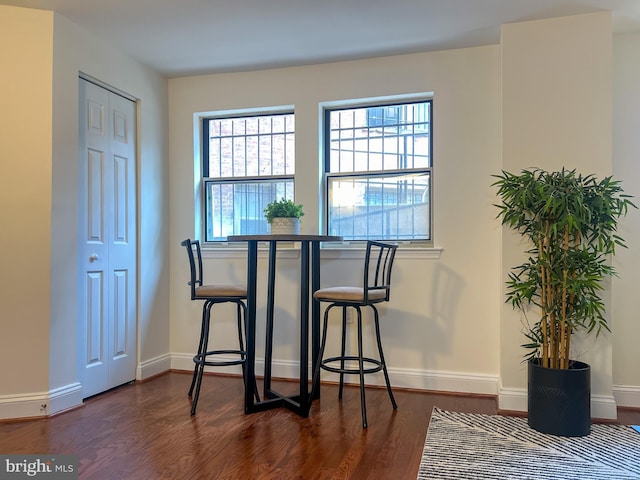 dining area featuring dark wood-style flooring, healthy amount of natural light, and baseboards