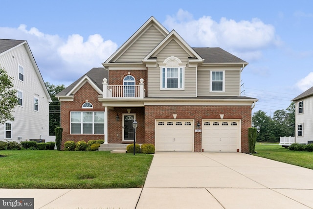 view of front of property with brick siding, a garage, a balcony, a front yard, and driveway