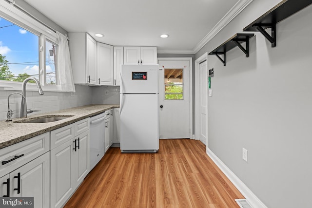 3082 Limekiln Pike, Glenside, PA 19038 - kitchen featuring white appliances, a sink, white cabinetry, tasteful backsplash, and crown molding
