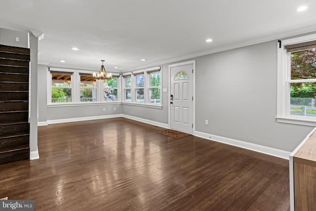 3082 Limekiln Pike, Glenside, PA 19038 - unfurnished living room with stairs, crown molding, a chandelier, baseboards, and plenty of natural light