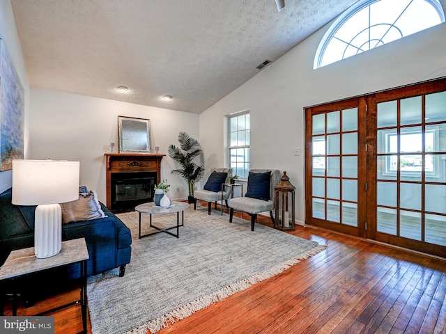 living area with vaulted ceiling, hardwood / wood-style flooring, plenty of natural light, a textured ceiling, and a glass covered fireplace
