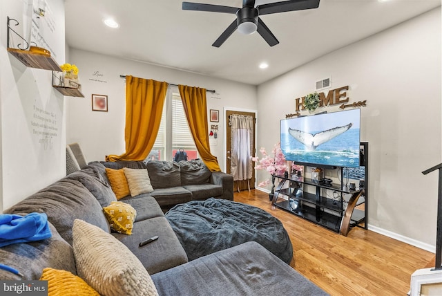 2466 N Natrona St, Philadelphia, PA 19132 - living area featuring a ceiling fan, wood finished floors, recessed lighting, and baseboards