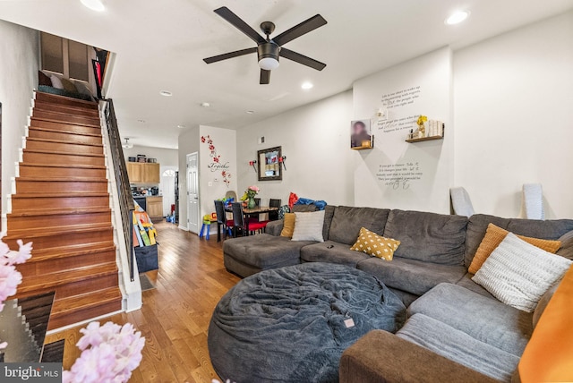 2466 N Natrona St, Philadelphia, PA 19132 - living room featuring stairs, light wood-style floors, ceiling fan, and recessed lighting
