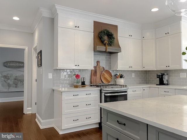 11372 Wollaston, Swan Point, MD 20645 - kitchen featuring dark wood-type flooring, baseboards, light stone countertops, stainless steel gas stove, and crown molding