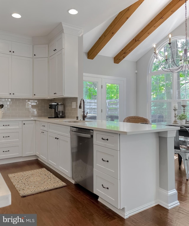 11372 Wollaston, Swan Point, MD 20645 - kitchen featuring dishwasher, a sink, a peninsula, light countertops, and dark wood-style flooring
