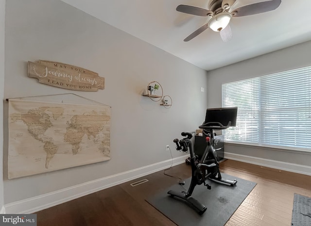11372 Wollaston, Swan Point, MD 20645 - exercise room featuring wood finished floors, baseboards, and a ceiling fan