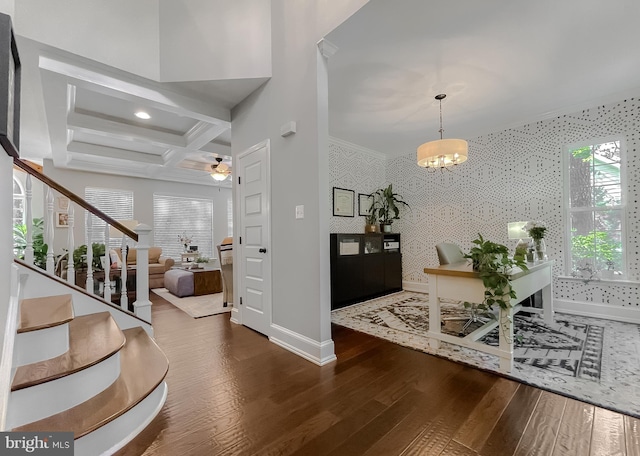 11372 Wollaston, Swan Point, MD 20645 - foyer entrance featuring wallpapered walls, baseboards, hardwood / wood-style floors, ceiling fan, and stairs