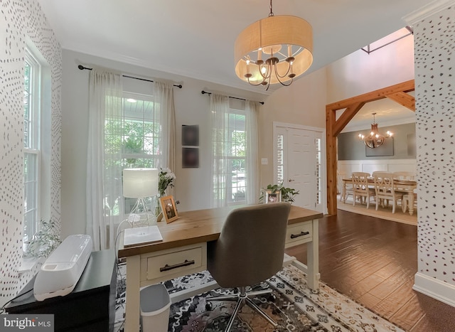 11372 Wollaston, Swan Point, MD 20645 - office with a chandelier, wood-type flooring, and crown molding