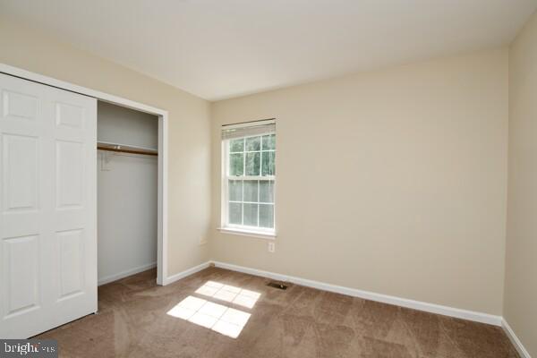 unfurnished bedroom with carpet flooring, baseboards, and a closet