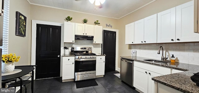kitchen with appliances with stainless steel finishes, under cabinet range hood, backsplash, a sink, and dark stone counters