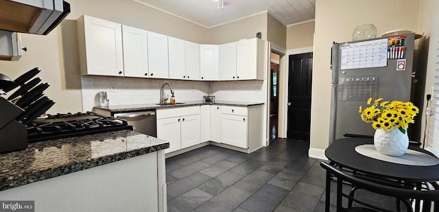 kitchen featuring a sink, ventilation hood, ornamental molding, decorative backsplash, and dishwasher