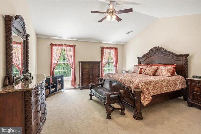 304 Iron Valley Dr, Lebanon, PA 17042 - bedroom featuring light carpet, vaulted ceiling, and a ceiling fan